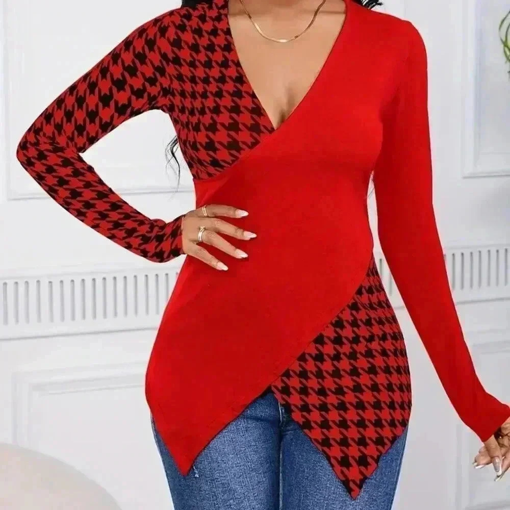 V Neck Long Sleeve Houndstooth Print Top